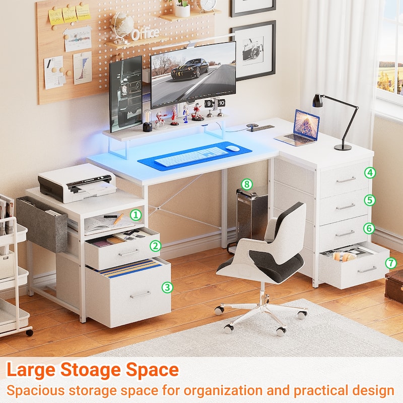 Modern Farmhouse 71'' L Shaped Desk with File Drawers, Reversible Computer Desk with Power Outlets and Smart LED Lights