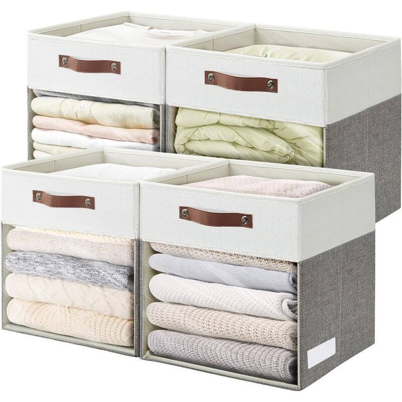 4 Pack Linen Foldable Storage Bins (13 x 13 inch) - Gray / Off-White
