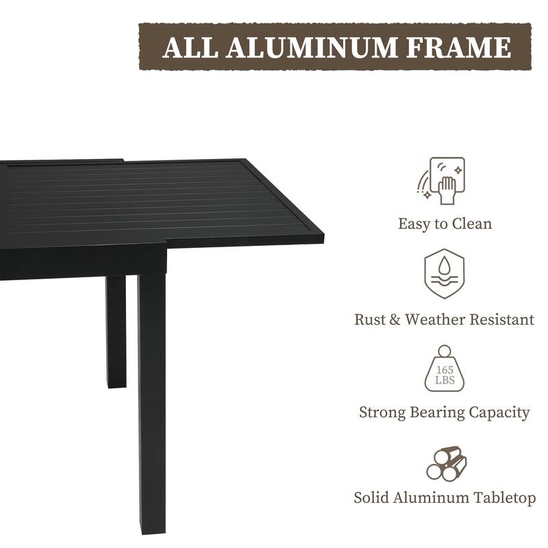 Extendable Patio Dining Table for 6-10 Person, Rectangle Aluminum Table with 1.8" Umbrella Hole for Backyard