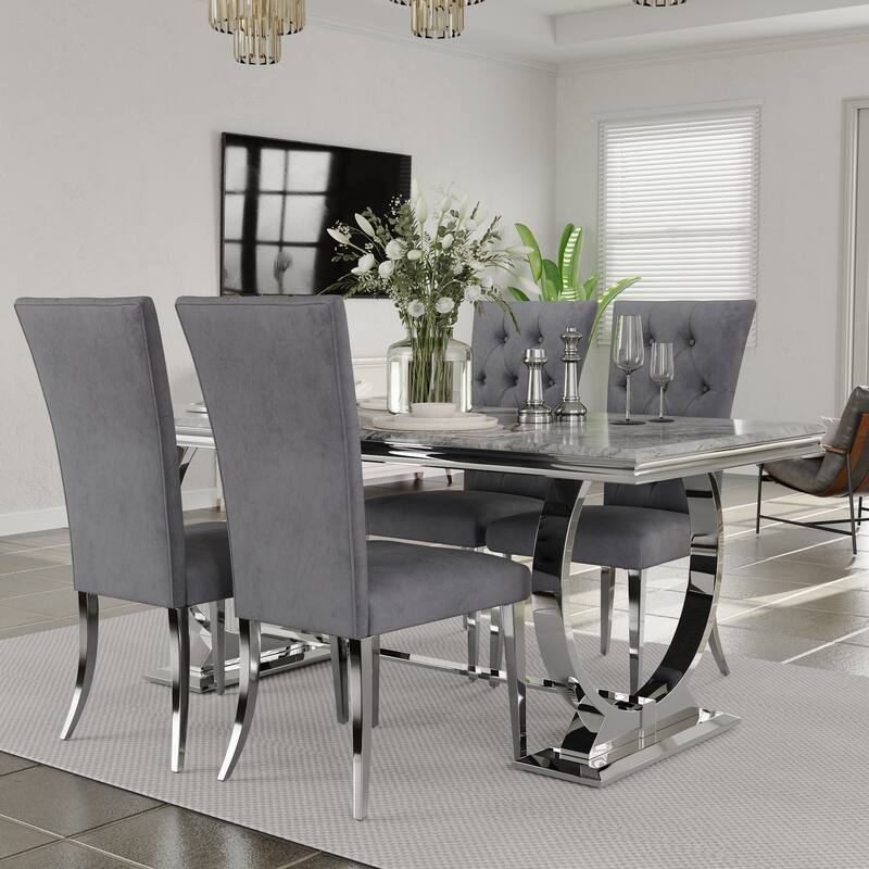 Glam Silver Dining Table Set with 64 inch Dining Table and Black Button Tufted Velvet Dining Chairs