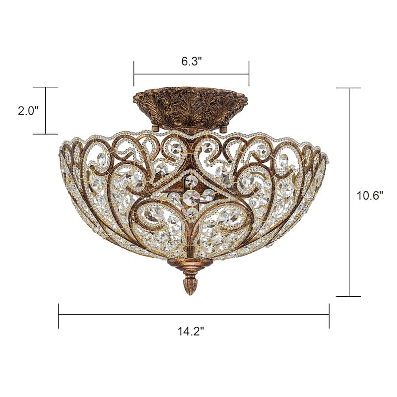 4-Light 14'' in. Glam Antique Bronze Crystal Semi Flush Mount - 14.2