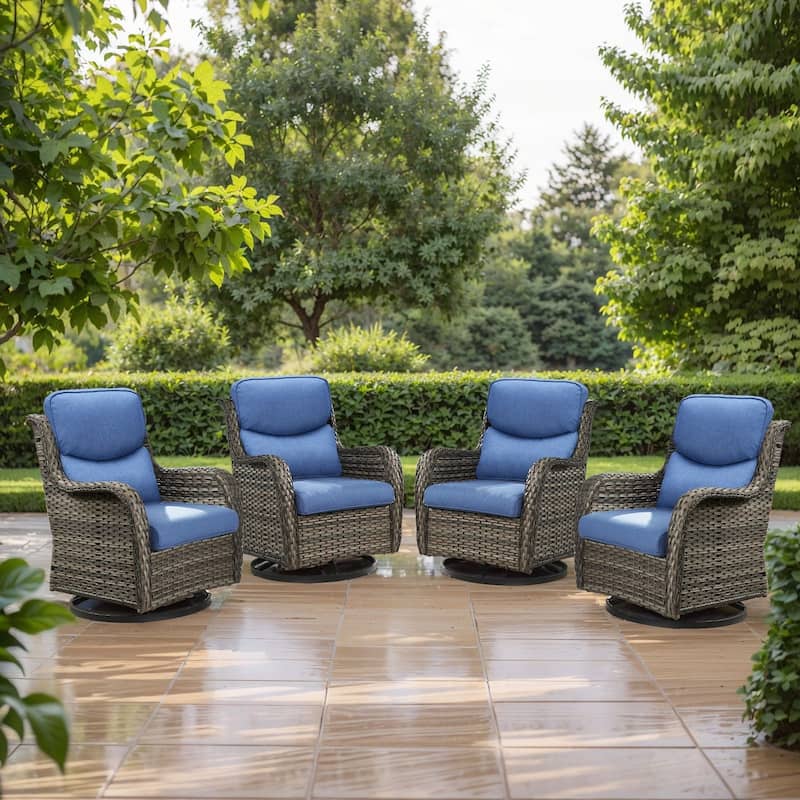 4 Pieces Outdoor Gliders Swivel Chairs Set with 5-Inch Thick Cushions - Grey Rattan - Blue Cushion - 4PCS Swivel Chairs