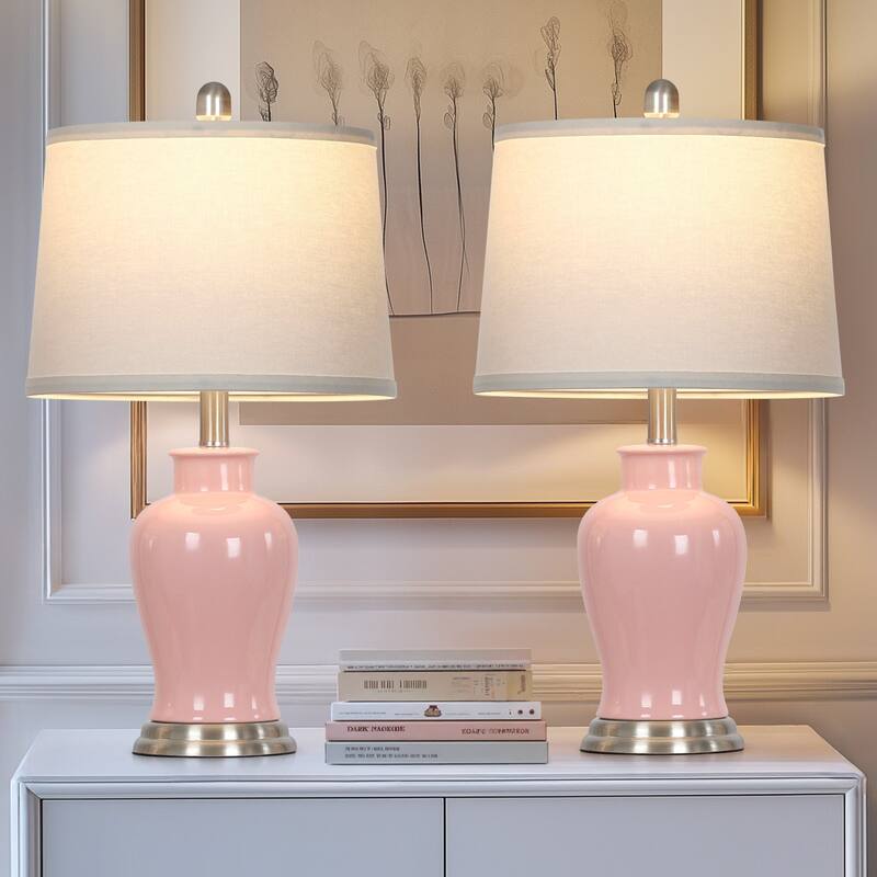 23-Inch Ceramic Ginger Jar Table Lamp with White Fabric Shade and LED Bulb