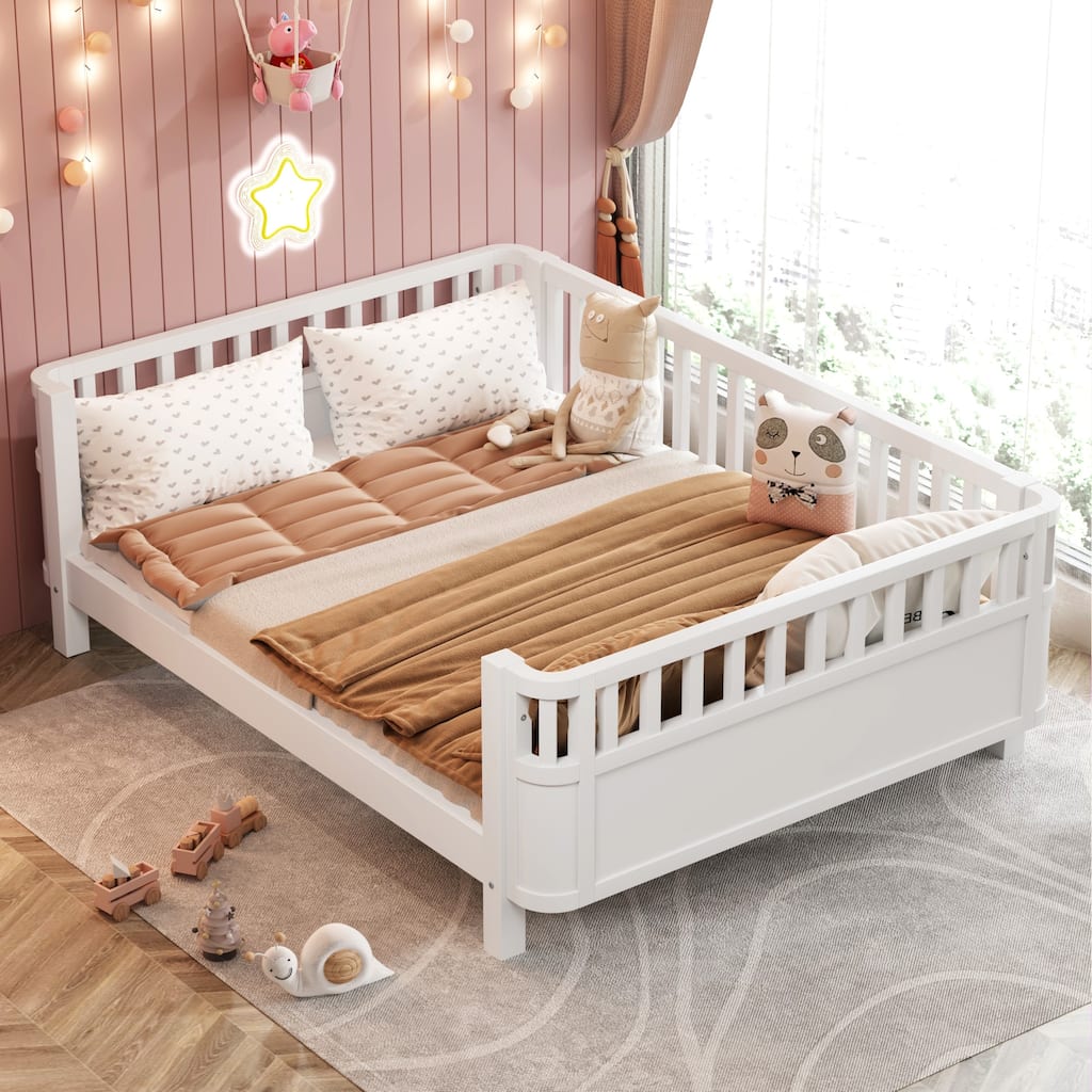 White Full Size Wood Platform Bed with Safety Rails for Kids, Low Profile Design