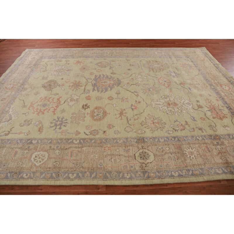 Hand Knotted Oriental 100% Wool Carpet Transitional All-Over Green Oushak Area Rug - 11' 11'' X 8' 10''