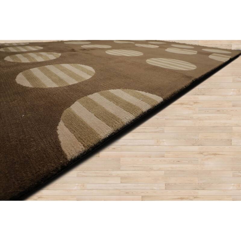 Hand Knotted Tibetan Olive Geometric Wool & Silk Art Deco Area Rug - 5' 11'' x 8' 10''