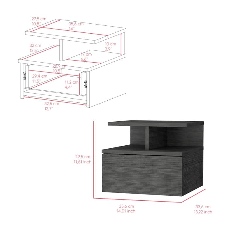 Floating Nightstand with Drawer, Smokey Oak, Space-Saving Design