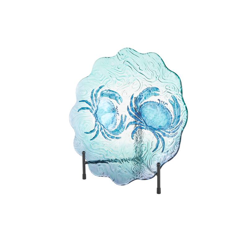 Blue Glass Ombre Decorative Plate Crab Charger with Wavy Edge and Swirl Patterns