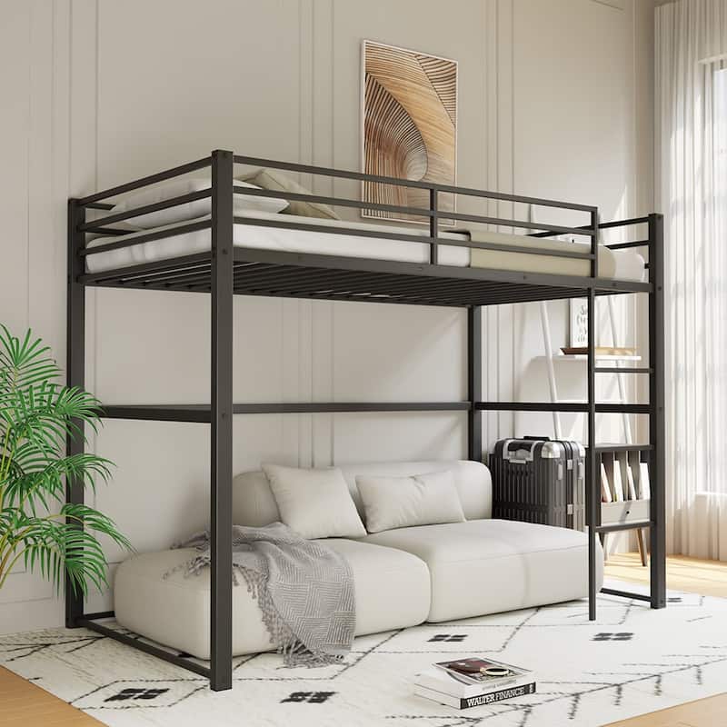 Metal Loft Bed Twin, Loft Bed Frame with Guard Rails and Flat Ladder