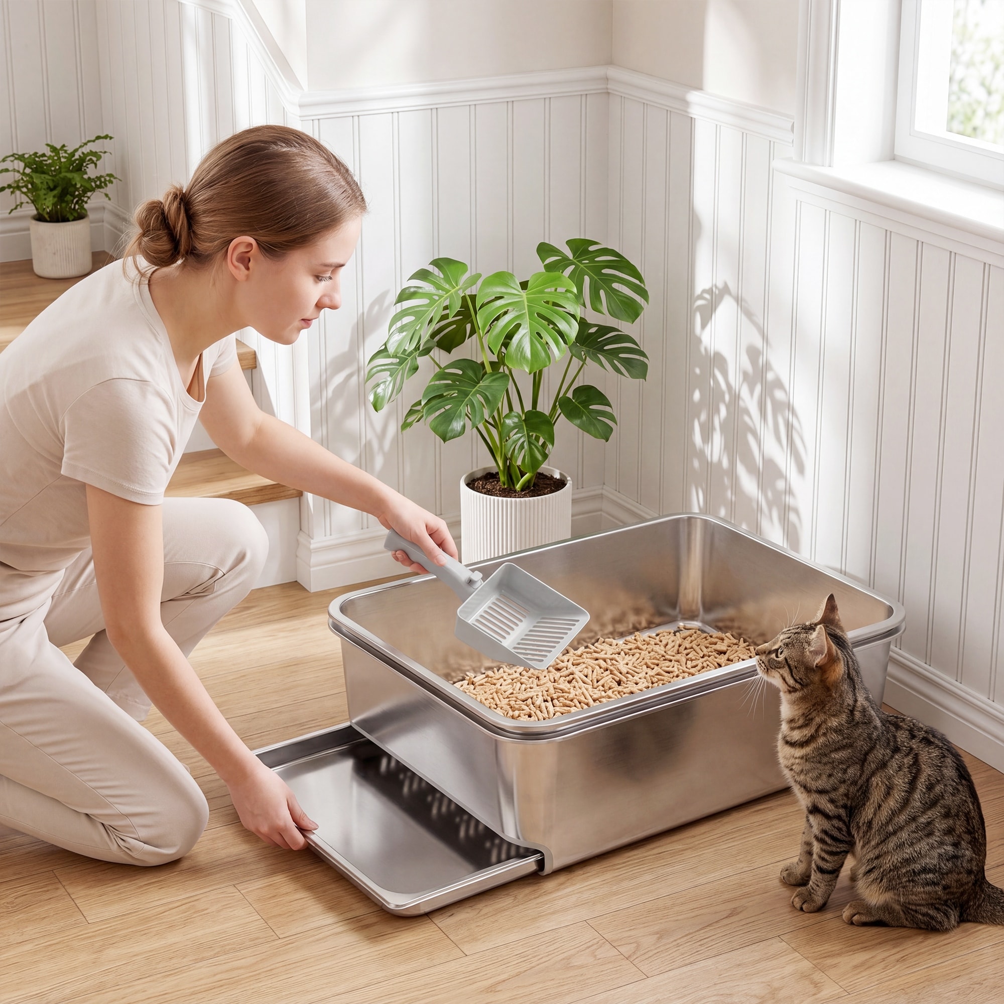 PawHut Stainless Steel Sifting Cat Litter Box with Sifting Pan, Leak Free, Low Maintenance, Odor Free, Low Dust