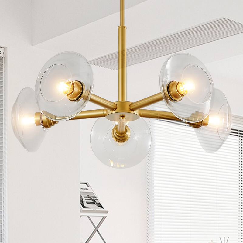 Mid-Century Chandelier, 5-Light Gold Chandelier with Clear Glass Shades, for Dining Room, Kitchen Island and Living Room