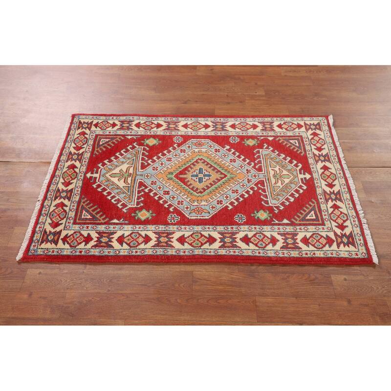 Geometric Red Kazak Oriental Accent Rug Handmade Foyer Wool Carpet - 2'7" x 3'10"