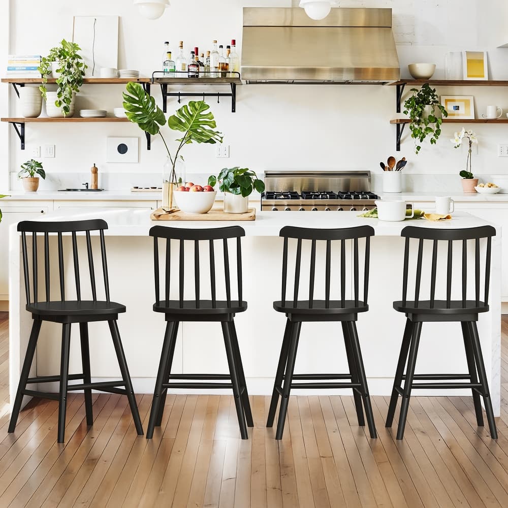 24.in Counter Height Seating Stool Windsor Wooden 360-degree Swivel Barstools for Kitchen Island