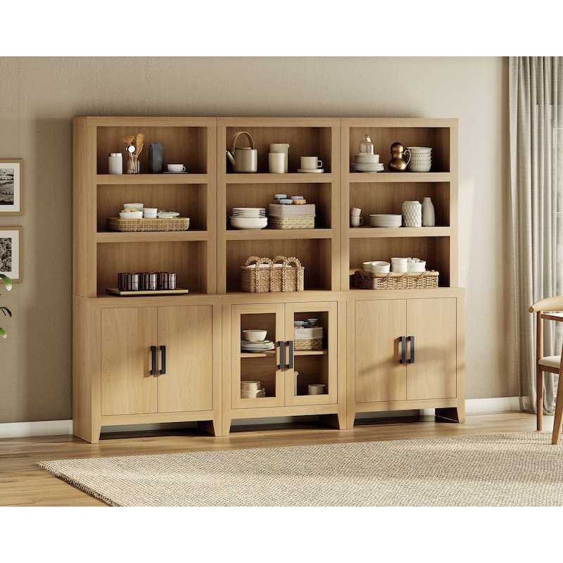 WAMPAT Tall Bookshelf with Doors, Farmhouse Bookcase with Open Shelves for Living Room & Home Office