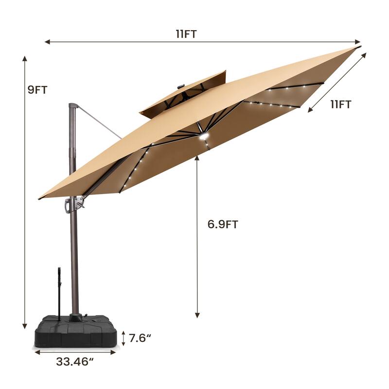 11 FT Square Outdoor Patio Cantilever Umbrella with Solar Lights Rod Wheel Base Double Canopy 360 Rotation Tilt