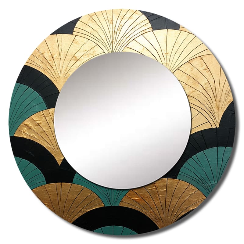 Designart "Emerald And Golden Arches" Abstract Shapes Living Room Mirror - gold Modern Large Round Mirror