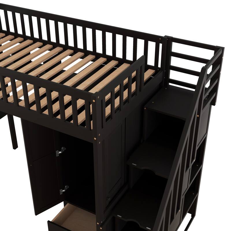 Twin size Loft Bed with Bookshelf Drawers Desk and Wardrobe