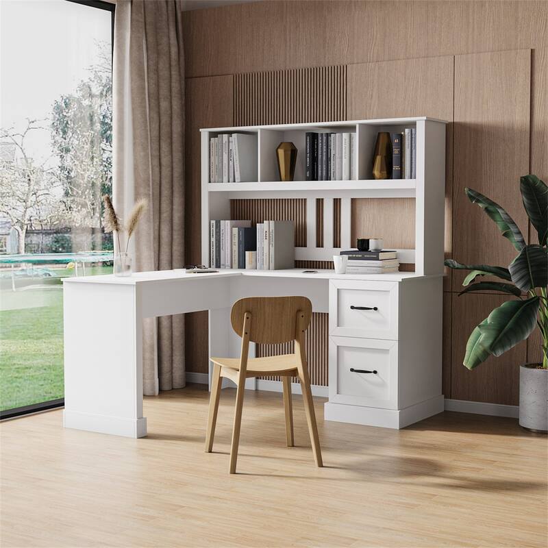 Large Home Office L-Shape Computer Study Desk with 2 Drawers, Shelf - White