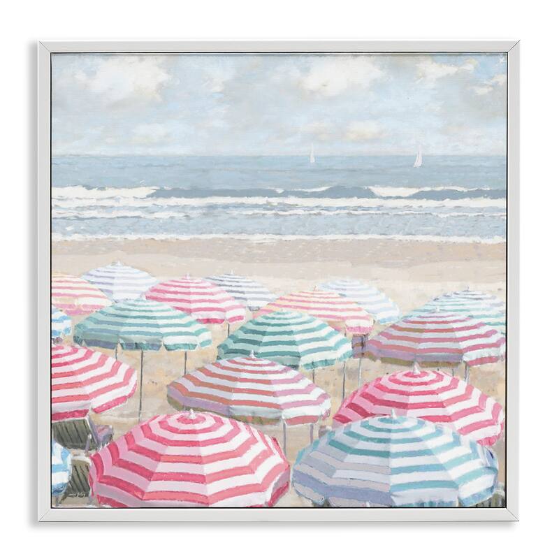 Stupell Bright Beach Umbrellas Scene Framed Giclee Art Design By Amber Sterling - 24 x 24 - White