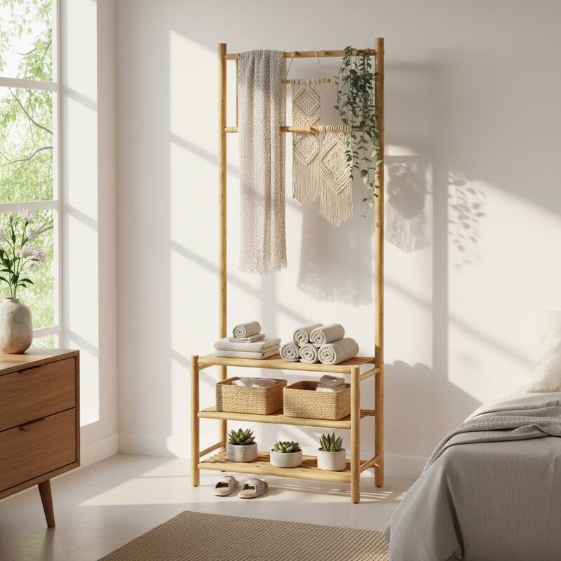Handcrafted Natural Bamboo 3-in-1 Hall Tree with Bench Shoe Rack