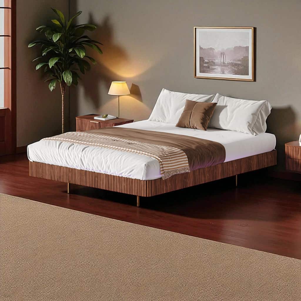 Queen/King Floating Platform Bed Frame with LED Lights, Wave Wood Design, Heavy-Duty Metal Slats, No Box Spring Needed