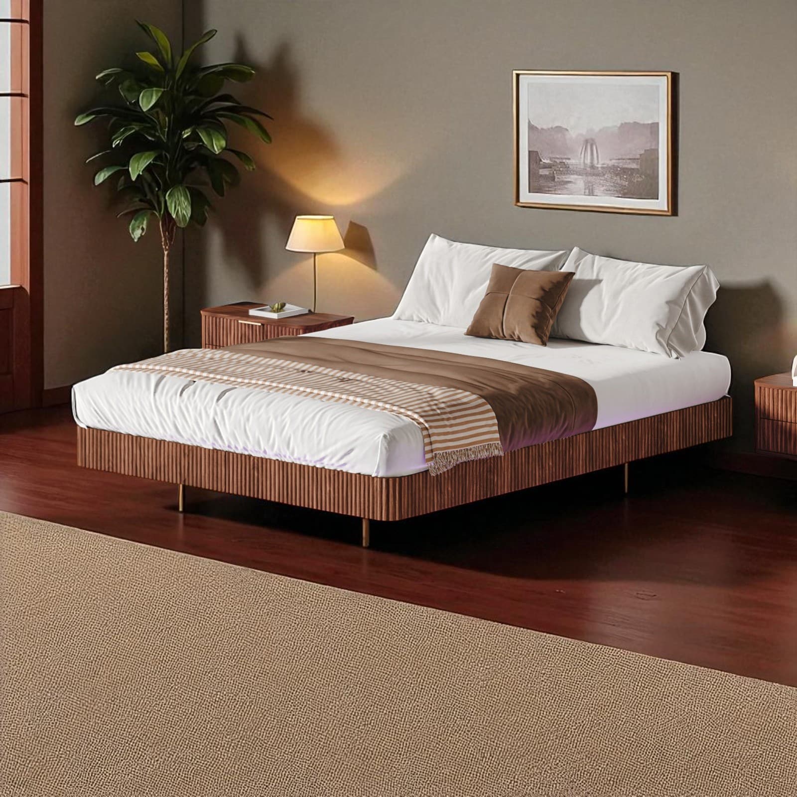 Queen/King Floating Platform Bed Frame with LED Lights, Wave Wood Design, Heavy-Duty Metal Slats, No Box Spring Needed