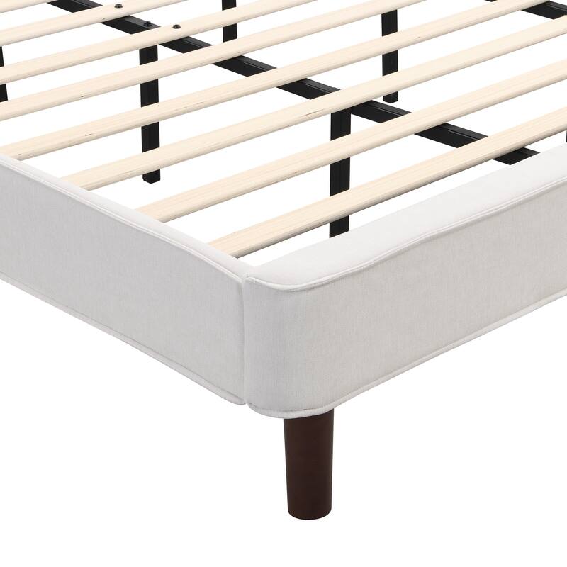 Beige Upholstered Fabric Frame Bed with Wingback Headboard, King Size Platform Bed with Wood Slat and Metal Support