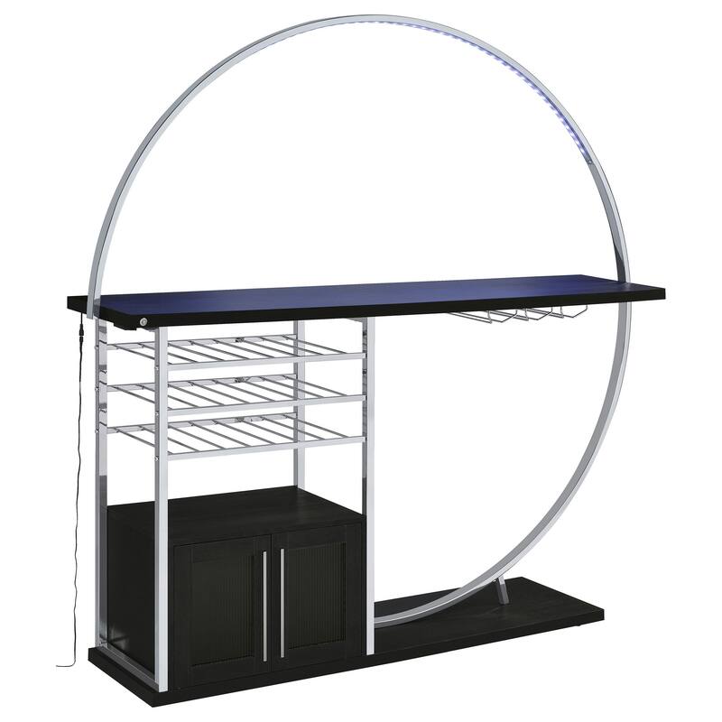 Riya Home Bar Table, LED Light, Cabinets, Wine Storage, Black, Chrome Metal