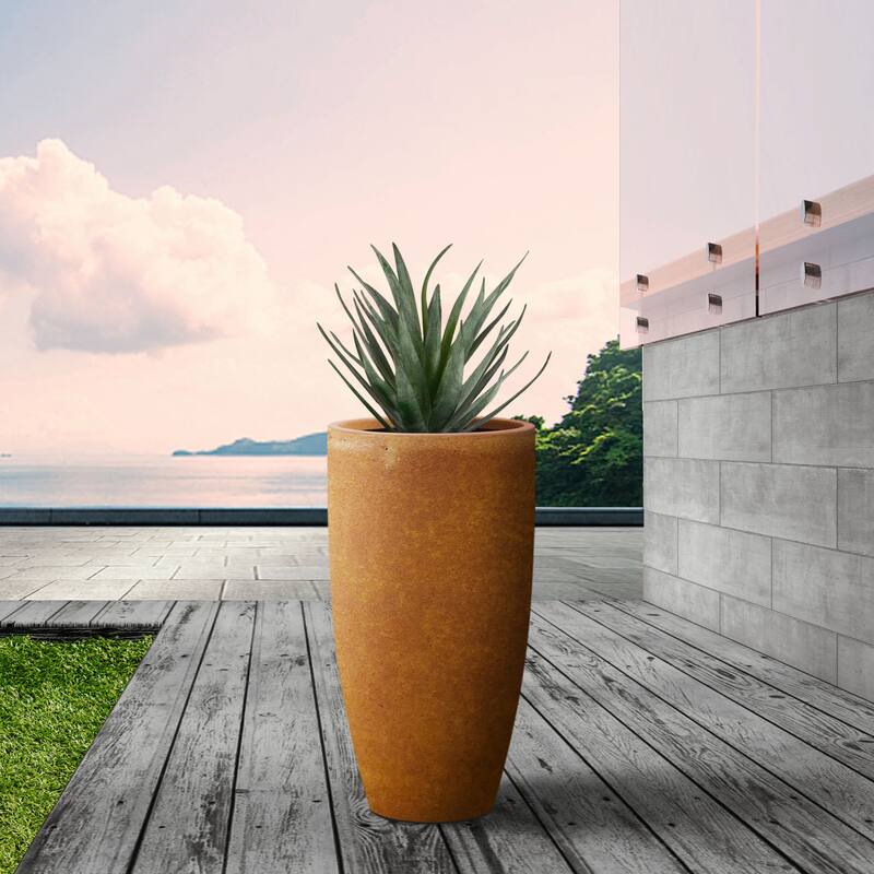 Kante Round Lightweight Concrete and Fiberglass Indoor Outdoor Weather Resistant Tall Planter with Drainage Hole