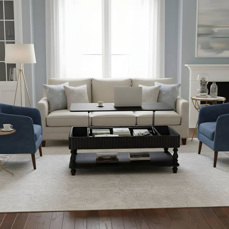 Rustic Style Lift-Top Coffee Table with Hidden & Open Storage - Black - 47.3