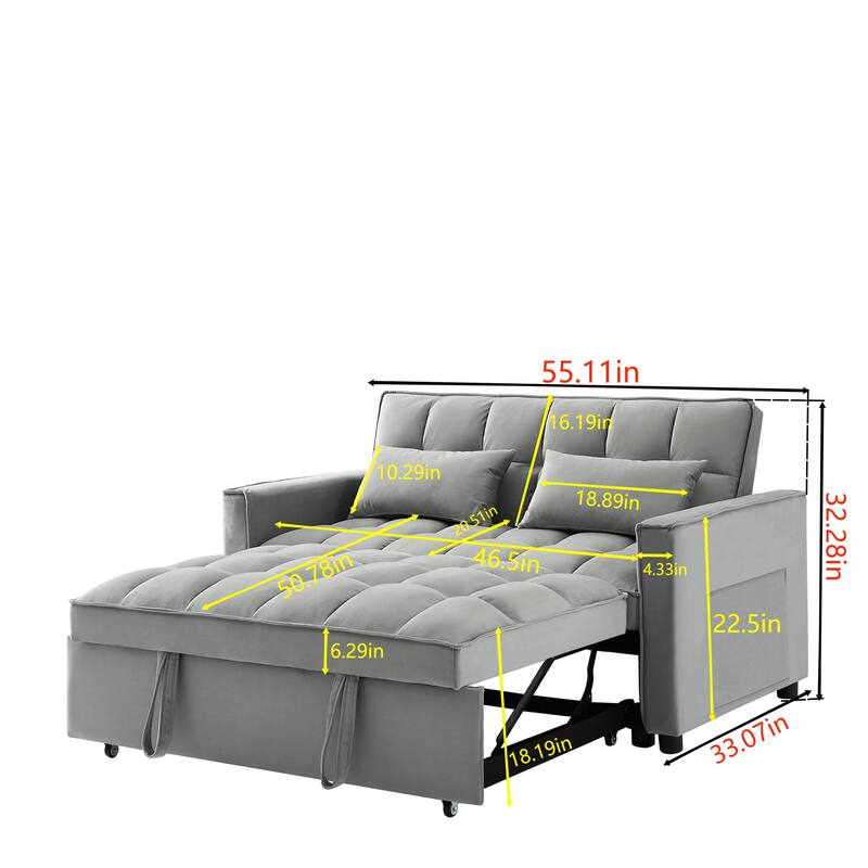 55.2" Velvet 2-in-1 Convertible Sofa Bed with Adjustable Backrest