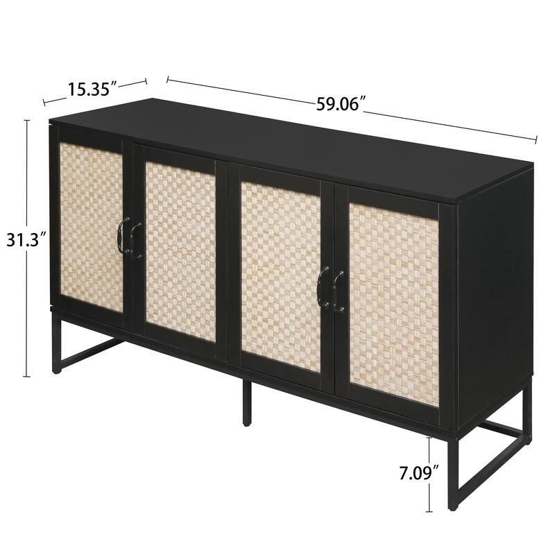 Engineered Rattan Buffet Accent Storage Cabinet 4-Door Sideboard with Adjustable Shelf, Cupboard Console Table Hallway Cabinet