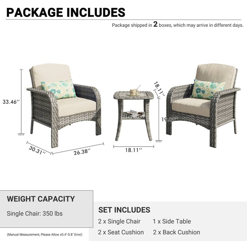 XIZZI 3-Piece Outdoor Wicker Patio Chair Set with Side Table