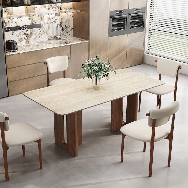 63" Modern Rectangular Dining Table for 4,Faux Marble top with Travertine Texture,Double Legs with Solid Woood Veneer