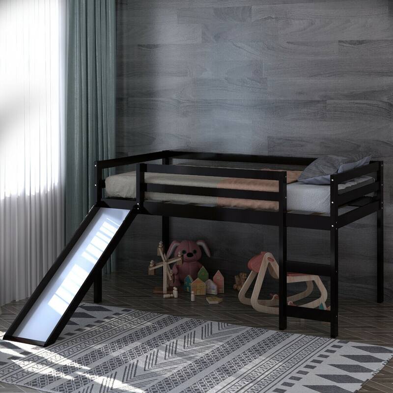 Gymax Twin Size Loft Bed with Slide Wood Low Sturdy Loft Bed for Kids