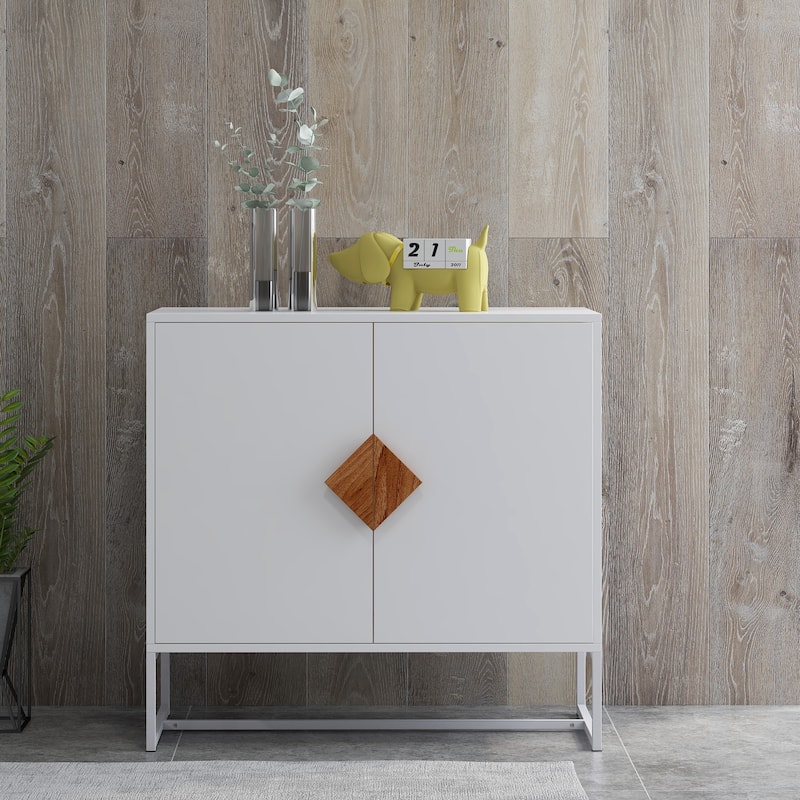 Solid wood square shape handle 2 doors sideboard - White