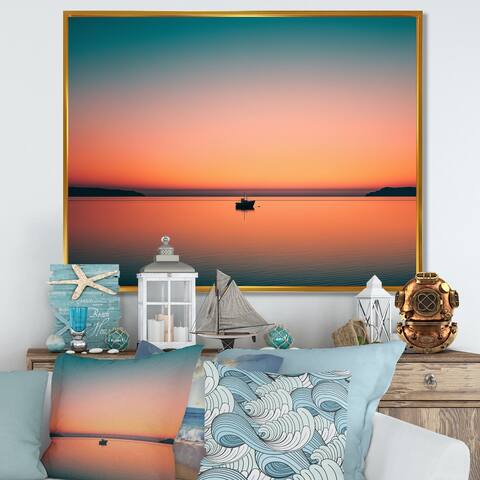 Designart "Minimalistic Sunset During The Full Moon III" Coastal Boat Framed Canvas Wall Art Print