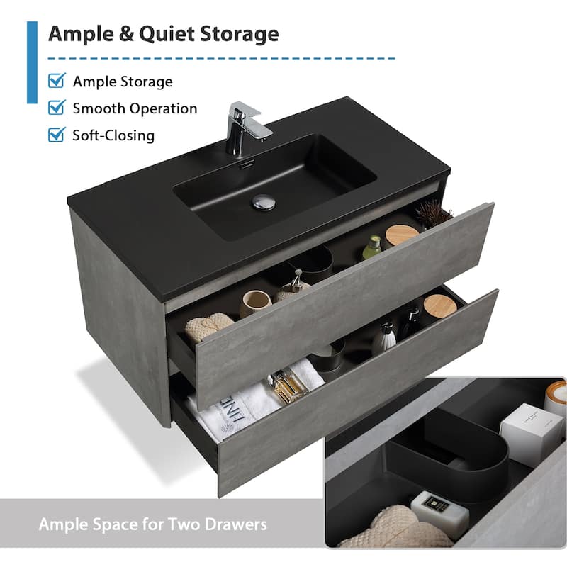 RupheonD 36" 48" Cement Grey Bathroom Vanity with Black Quartz Top