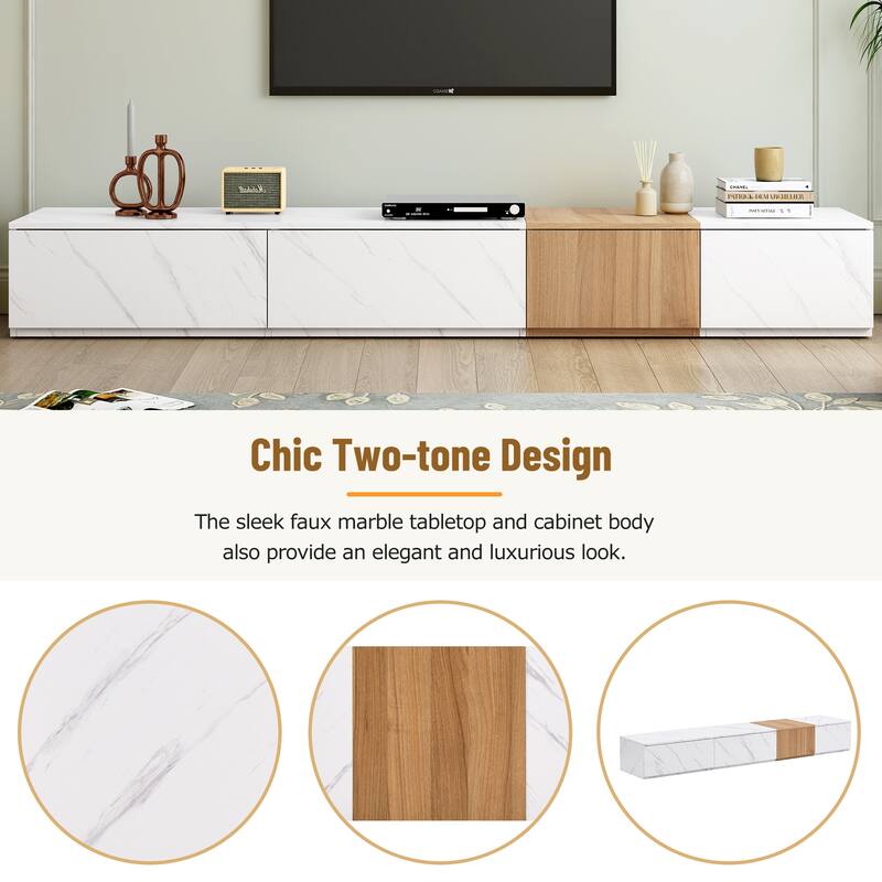 Roomfitters Modern Entertainment Center for TVs up to 88", Faux Marble and Walnut Wood Grain TV Stand