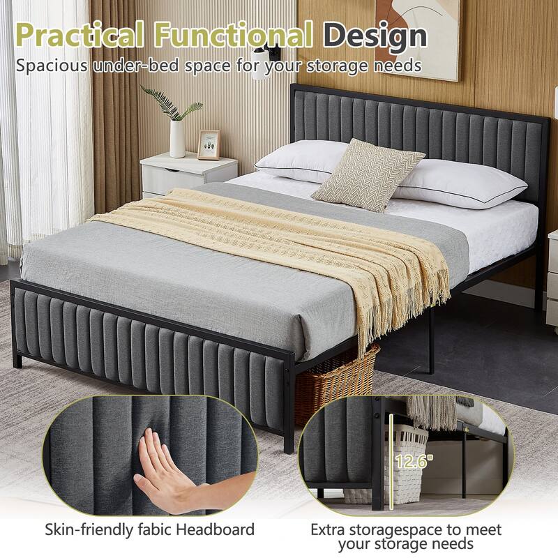 Javlergo Bed Frames with Upholstered Tufted Headboard and Footboard Heavy Duty Steel Slats Platform No Box Spring Needed