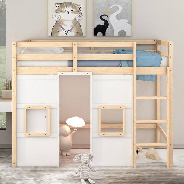 slide 2 of 18, Wooden Twin Size Loft Bed with Built-in Storage Wardrobe and Ladder Natural+White