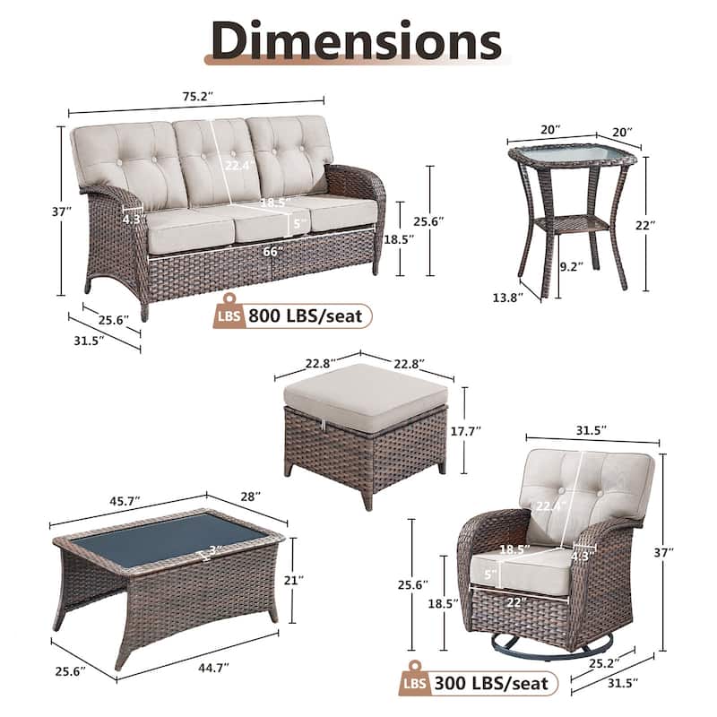 TWrap 7-Piece Patio Brown Wicker Sofa Conversation Set with 5-Inch Thick Cushions