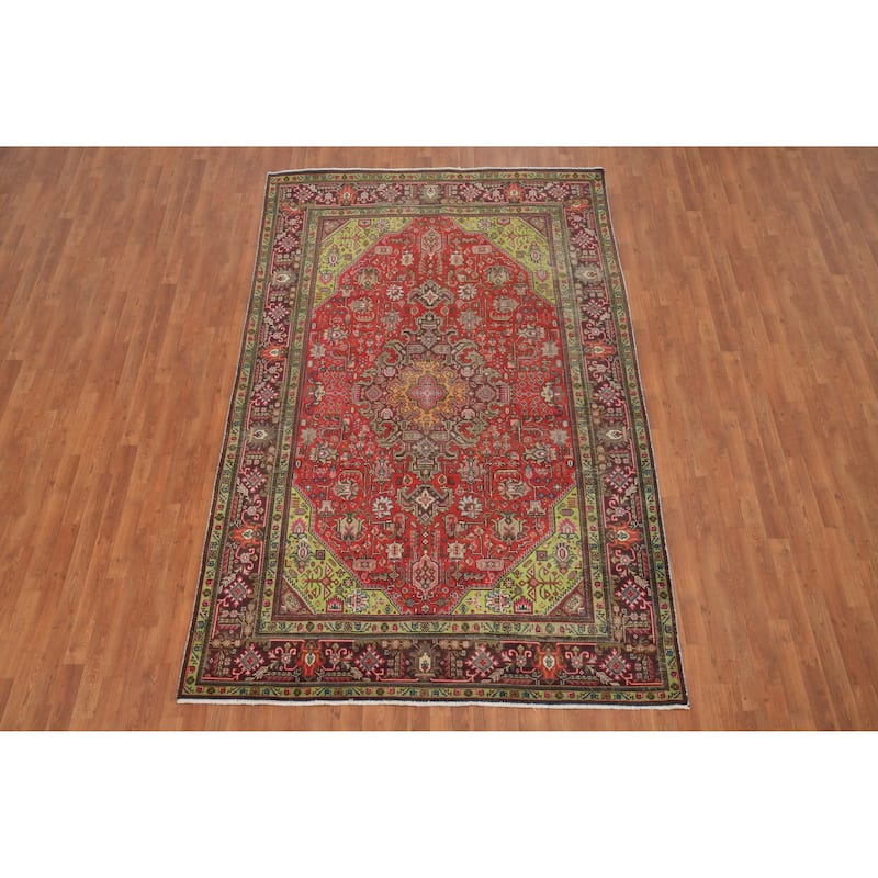 Hand Knotted Oriental 100% Wool Carpet Traditional Medallion Red Tabriz Area Rug - 9' 11'' X 6' 5''