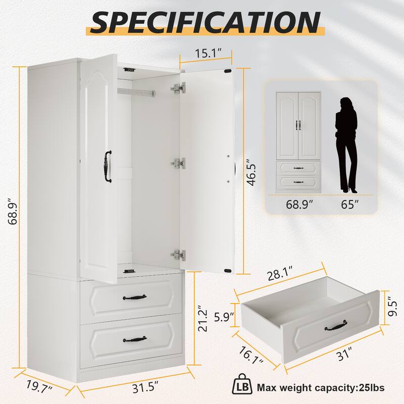 69" Wooden Armoire Wardrobe Closet with Drawers, Modern Bedroom Storage Cabinet with Hanging Rod