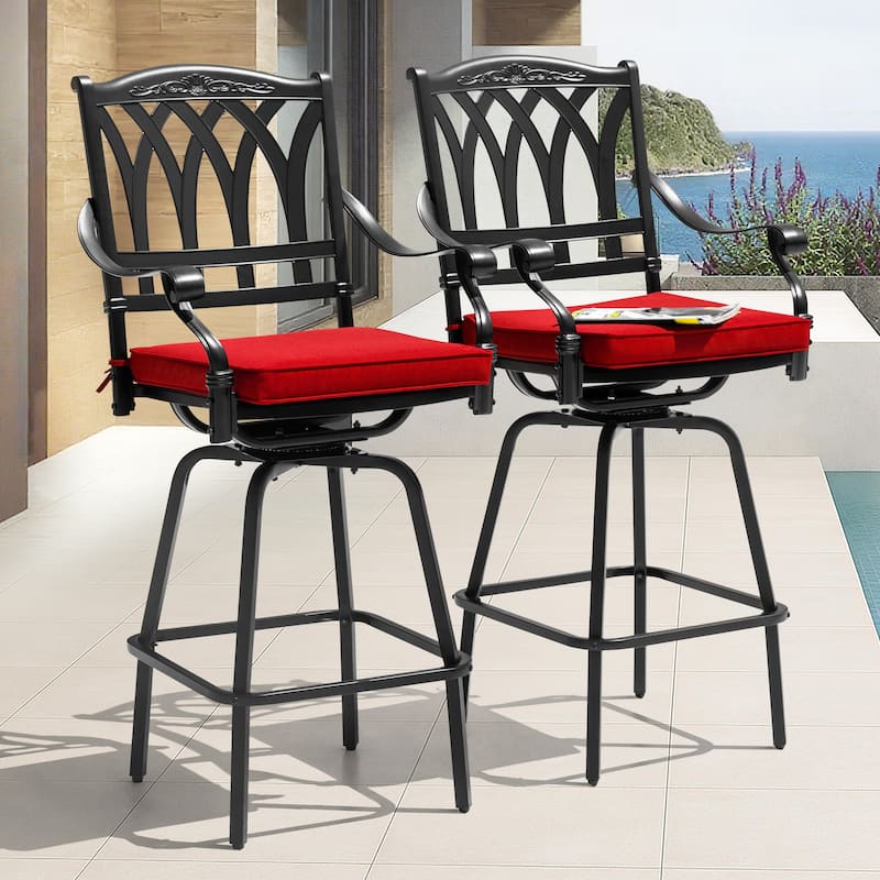 E-Coated Cast Aluminum 2PCS Patio Swivel Bar Stool Set with Olefin Cushions