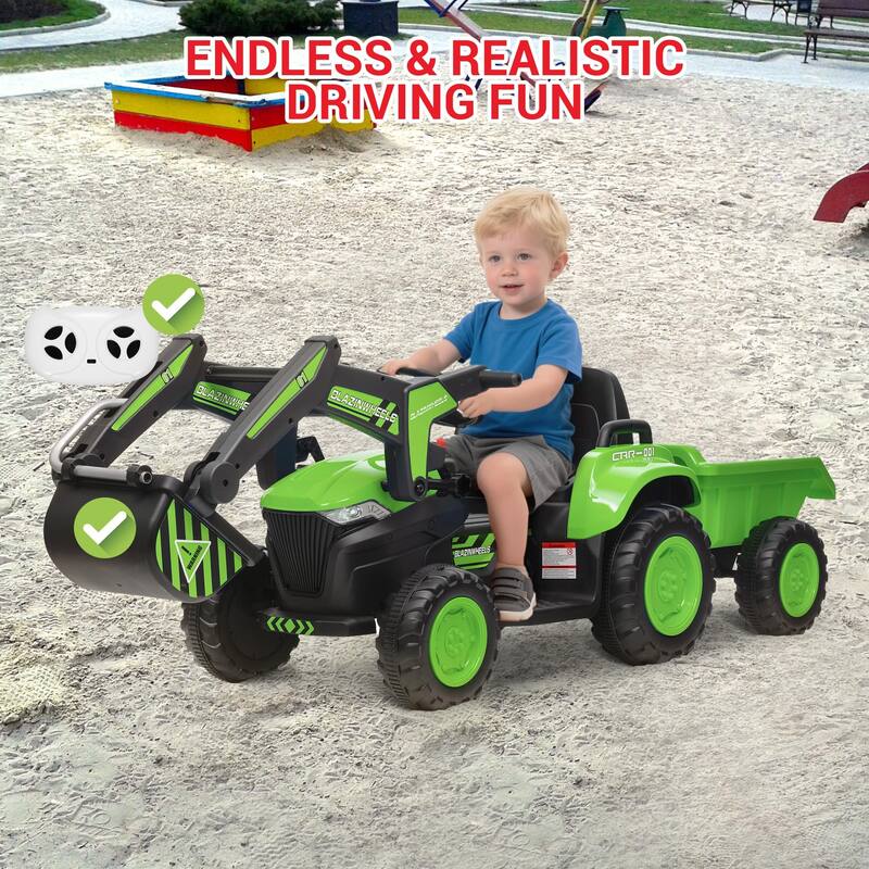 Electric Vehicles with Remote Control, Digger, LED Lights, Music, Ride On Car Toy for Kids