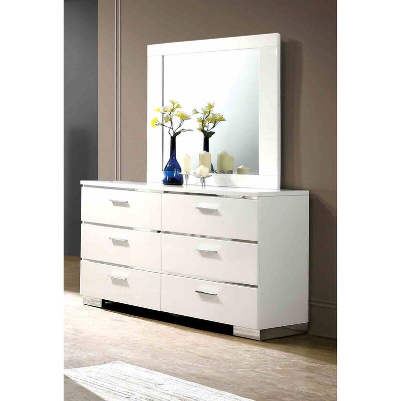 Contemporary White Bedroom Set Bed Nightstand Mirror Dresser Chest with LED Headboard