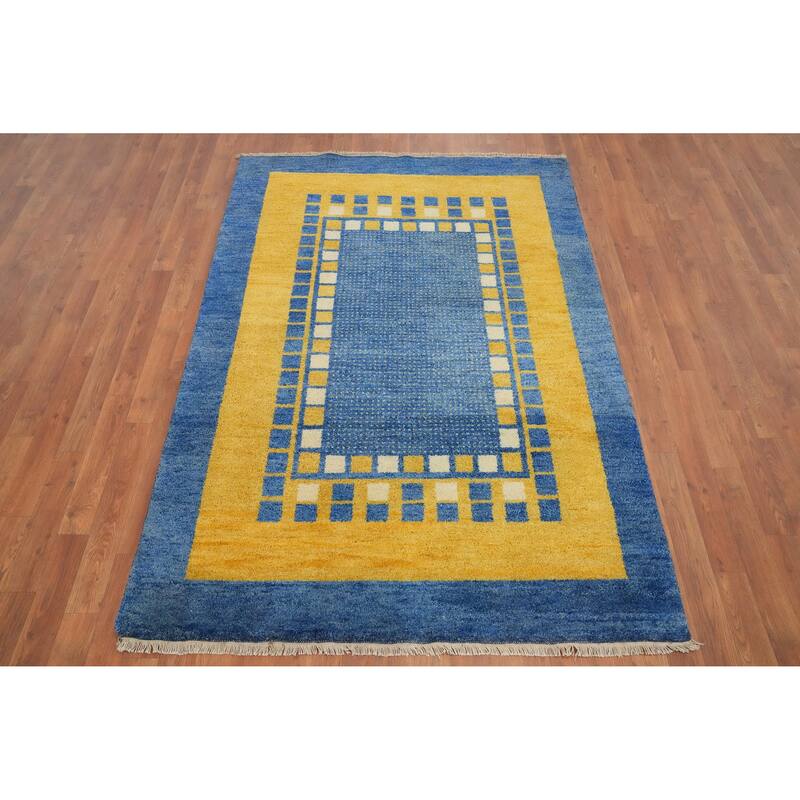 Hand Knotted Oriental 100% Wool Carpet Modern Geometric Navy Blue & Blues Gabbeh Area Rug - 6' 5'' X 4' 5''