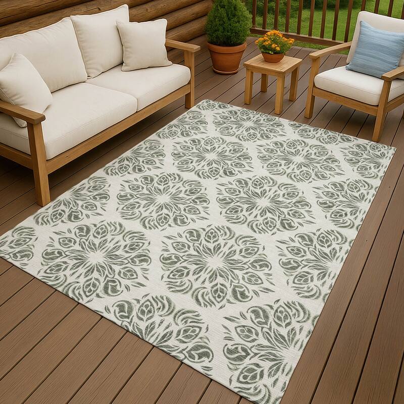 Machine Washable Indoor/ Outdoor Damask Pearl Chantille Rug - Basil - 9' x 12'
