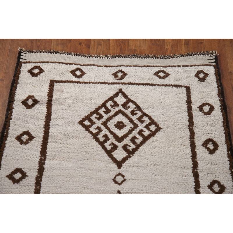 Geometric Beige Anatolian Turkish Runner Rug Handmade Wool Carpet - 2'8"x 12'11"